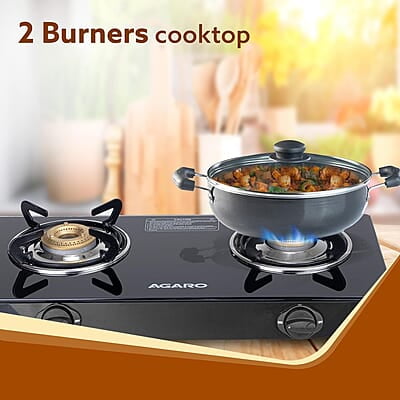 AGARO Elite 2 Burners Gas Stove, Toughened Glass Top, Round Brass Burners, 1 Small & 1 Medium Size Burner AGARO Elite 2 Burners Gas Stove, Toughened Glass Top, Round Brass Burners, 1 Small & 1 Medium Size Burner