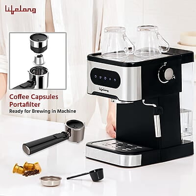 Lifelong Digital Espresso Coffee Maker -1350W Coffee Machine, 20 Bar Pressure Pump, Steam Band Lifelong Digital Espresso Coffee Maker -1350W Coffee Machine, 20 Bar Pressure Pump, Steam Band