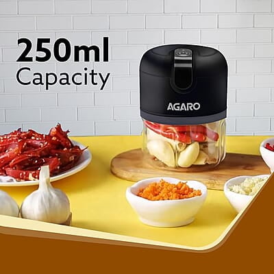 AGARO Elite Rechargeable Mini Electric Chopper, Food Grade Bowl, Stainless Steel Blades 250 Ml AGARO Elite Rechargeable Mini Electric Chopper, Food Grade Bowl, Stainless Steel Blades 250 Ml