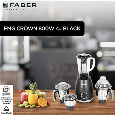 Faber Crown 800W Blender Mixer Grinder, 3 SS clip lock jars + 1 PC jar copper motor, up to 20000 rpm speed Faber Crown 800W Blender Mixer Grinder, 3 SS clip lock jars + 1 PC jar copper motor, up to 20000 rpm speed