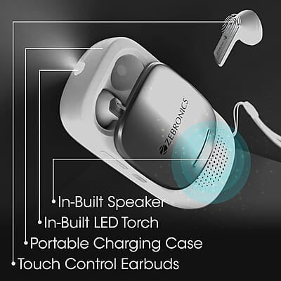 ZEBRONICS Sound Bomb X1 3-in-1 Wireless Bluetooth v5.0 In Ear Earbuds + Speaker Combo with 30 Hour Backup, Built-in LED Torch, Call Function, Voice Asst, Type C and Splash Proof Portable Design ZEBRONICS Sound Bomb X1 3-in-1 Wireless Bluetooth v5.0 In Ear Earbuds + Speaker Combo with 30 Hour Backup, Built-in LED Torch, Call Function, Voice Asst, Type C and Splash Proof Portable Design