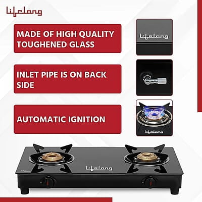 Lifelong 2 Burner Gas Stove Top for Kitchen - Automatic Ignition Cooktop Modern Glass Stove for Modular Kitchen, ISI Certified Lifelong 2 Burner Gas Stove Top for Kitchen - Automatic Ignition Cooktop Modern Glass Stove for Modular Kitchen, ISI Certified