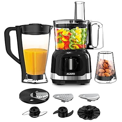 AGARO Grand Food Processor, Multi-functional Chopper, Grinder, Slicer, Shredder, Blender, 1000W, Mincing, Dicing, Shredding, Kneading, SS Blade, Black
