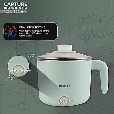 Havells Capture 1.2 Ltr Multi Cook Kettle with Steamer Basket SS Rust Resistant Body Havells Capture 1.2 Ltr Multi Cook Kettle with Steamer Basket SS Rust Resistant Body
