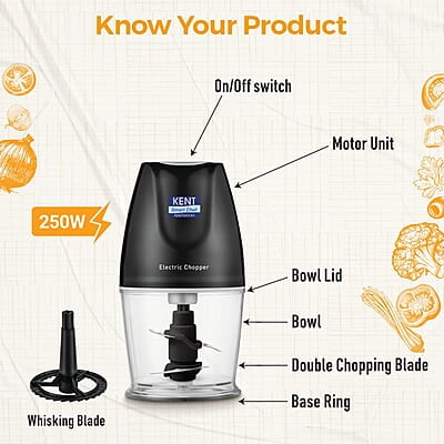 KENT Electric Chopper-B for Kitchen 250 Watt | Chop, Mince, Puree, Whisk, 400 ml Capacity | Stainless Steel Double Chopping Blades | Transparent Chopping Bowl | Anti-Skid | One Touch Operation | Black KENT Electric Chopper-B for Kitchen 250 Watt | Chop, Mince, Puree, Whisk, 400 ml Capacity | Stainless Steel Double Chopping Blades | Transparent Chopping Bowl | Anti-Skid | One Touch Operation | Black