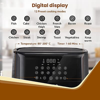 AGARO Elegant Air Fryer, 6.5L, 12 Preset Cooking Modes, 360 Degrees Air Circulation With Variable Temperature Settings, Frying, Grilling, Toasting, Roasting, 1800W, Black AGARO Elegant Air Fryer, 6.5L, 12 Preset Cooking Modes, 360 Degrees Air Circulation With Variable Temperature Settings, Frying, Grilling, Toasting, Roasting, 1800W, Black