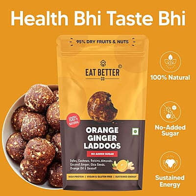 EAT BETTER CO Orange & Ginger Sugar-Free Laddoos | Energy-Bar Replacement | 95% Dry-Fruits | High Protein & Instant Energy - Super Saver Pack Of 20 - Healthy Sweet No Added Sugar, 0.29 Kg EAT BETTER CO Orange & Ginger Sugar-Free Laddoos | Energy-Bar Replacement | 95% Dry-Fruits | High Protein & Instant Energy - Super Saver Pack Of 20 - Healthy Sweet No Added Sugar, 0.29 Kg