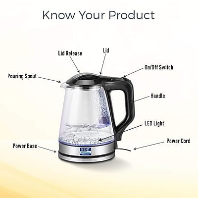 KENT 16023 Electric Glass Kettle 1.7 L | 1500W | Stainless Steel Heating Plate | Borosilicate Glass Body | Boil Drying Protection | 360° Rotating Base