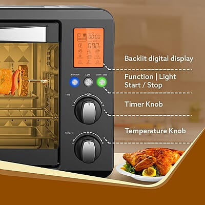 AGARO Imperial Digital Oven Toaster Griller, 38 Litres, 10 Preset Cooking Function, Convection Function, Motorized Rotisserie Backlit LCD Display, Black