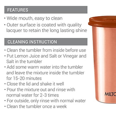 MILTON Copper Drinking Water Tumbler with Lid, 1 Piece, 480 ml, Copper 100% Leak Proof MILTON Copper Drinking Water Tumbler with Lid, 1 Piece, 480 ml, Copper 100% Leak Proof