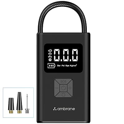 Ambrane Wired Tyre Inflator Air Pump for Cars with digital display & LED Light, 60W with up to 100 Psi, Portable Air Compressor, with Nozzles for Car, Bike, Motorcycle, Sports Ball
