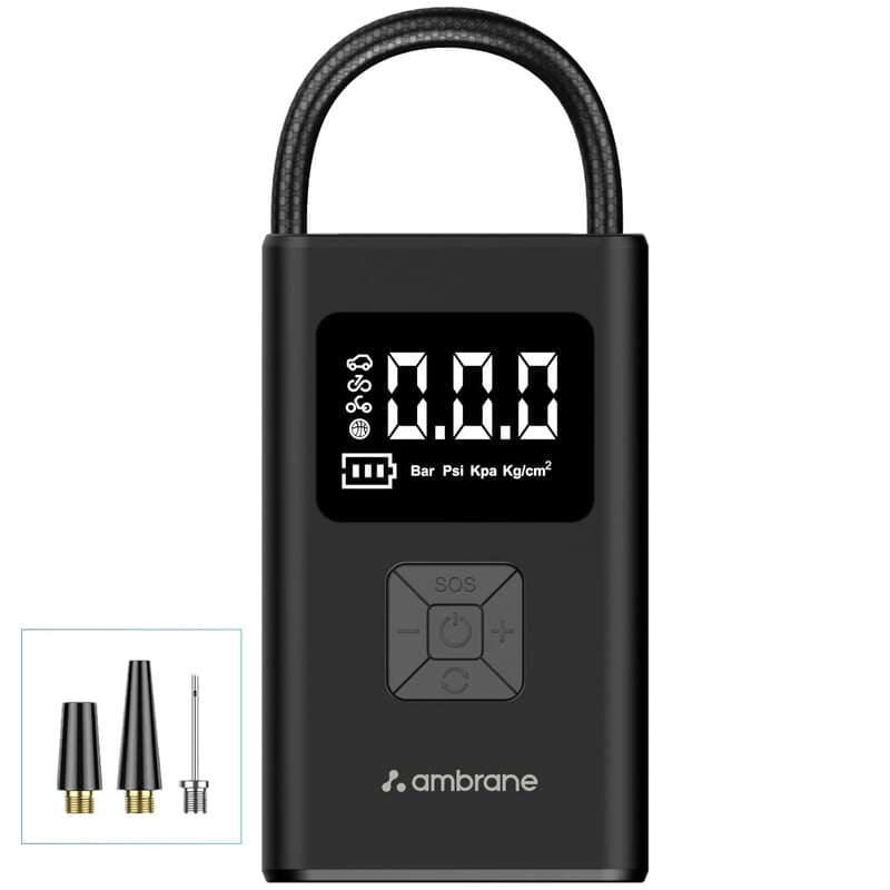 Ambrane Wired Tyre Inflator Air Pump for Cars with digital display & LED Light, 60W with up to 100 Psi, Portable Air Compressor, with Nozzles for Car, Bike, Motorcycle, Sports Ball