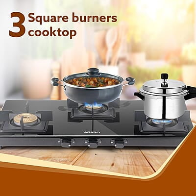 AGARO Regency 3 Burners Gas Stove, Toughened Glass Top, Brass Burners, 1 Small, 1 Medium & 1 Big Size Burner AGARO Regency 3 Burners Gas Stove, Toughened Glass Top, Brass Burners, 1 Small, 1 Medium & 1 Big Size Burner
