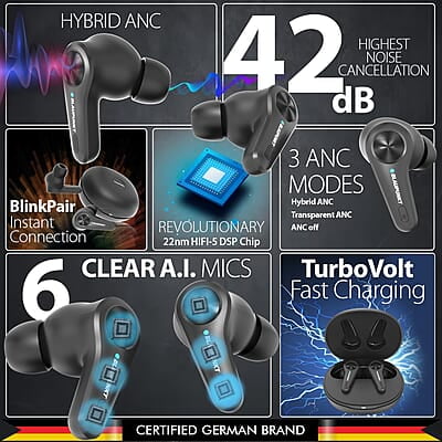 Blaupunkt Newly Launched BTW300 PLATINUM Hybrid ANC Moksha in Ear Earbuds with 42dB I 6 Mics CRISPR ENC I Blink Pair Tech I Ambient Mode Noise Cancelling I TurboVolt Fast Charging