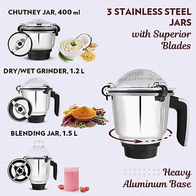 Borosil Grande 1000 W Mixer Grinder, With Double Ball Bearings, 4 Jars (3 SS Jars (1.5 L Blending Jar, 1.2 L Dry/Wet Grinder, 400 ml Chutney Jar) & 1 PC Jar with Fruit Filter) Mixie For Kitchen Borosil Grande 1000 W Mixer Grinder, With Double Ball Bearings, 4 Jars (3 SS Jars (1.5 L Blending Jar, 1.2 L Dry/Wet Grinder, 400 ml Chutney Jar) & 1 PC Jar with Fruit Filter) Mixie For Kitchen