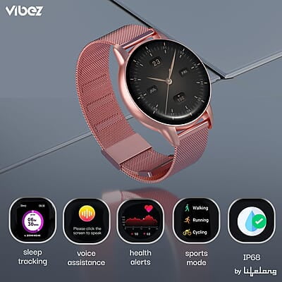 Vibez by Lifelong Luxury Smart Watch for Women - Emerald Rose Gold Smartwatch with Metal Strap, 1.39 Inch HD Display, IP67, Bluetooth Calling, 100+ Watch Faces, Health Tracker & Sports Modes Vibez by Lifelong Luxury Smart Watch for Women - Emerald Rose Gold Smartwatch with Metal Strap, 1.39 Inch HD Display, IP67, Bluetooth Calling, 100+ Watch Faces, Health Tracker & Sports Modes