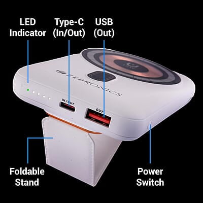 ZEBRONICS MW62 Wireless Power Bank, 10000 mAh, Rapid Charge, Built-in Wireless Charging Pad, Outputs - 22W Wired | 15W Wireless, Type C I/O | USB Output, Built-in Foldable Stand
