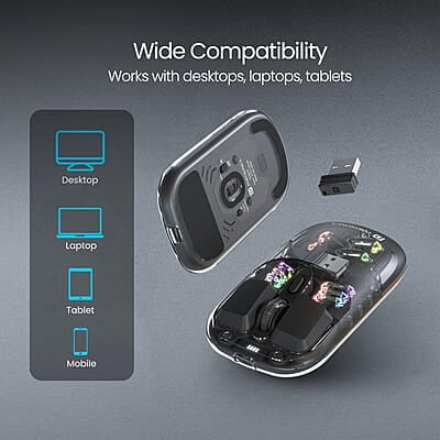 Portronics Toad 5 Transparent Bluetooth Mouse with 2.4 GHz & BT 5.3 Dual Wireless, Rechargeable, RGB Lights, Connect 3 Devices, Sleek Design for Laptop, Smartphone, Tablet Portronics Toad 5 Transparent Bluetooth Mouse with 2.4 GHz & BT 5.3 Dual Wireless, Rechargeable, RGB Lights, Connect 3 Devices, Sleek Design for Laptop, Smartphone, Tablet