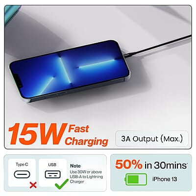 Ambrane USB to Lightning 3A Fast Charging Braided Cable Compatible for iPhone 14,13, 12,11, X, 8, 7, 6, 5, iPad, Macbook, iMac, AirPods, 480Mbps Data Sync, 1.5Meter Long (RCL -15 Ambrane USB to Lightning 3A Fast Charging Braided Cable Compatible for iPhone 14,13, 12,11, X, 8, 7, 6, 5, iPad, Macbook, iMac, AirPods, 480Mbps Data Sync, 1.5Meter Long (RCL -15