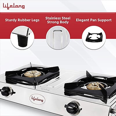 Lifelong 2 Burner Gas Stove Top for Kitchen - Manual Ignition Cooktop with Stainless Steel for Kitchen, ISI Certified Lifelong 2 Burner Gas Stove Top for Kitchen - Manual Ignition Cooktop with Stainless Steel for Kitchen, ISI Certified