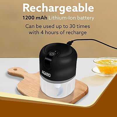 AGARO Elite Rechargeable Mini Electric Chopper, Food Grade Bowl, Stainless Steel Blades 250 Ml AGARO Elite Rechargeable Mini Electric Chopper, Food Grade Bowl, Stainless Steel Blades 250 Ml
