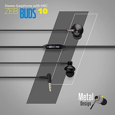 Zebronics Zeb-Buds 10 In Ear Wired Earphones with Mic, Metallic Design, L Shaped Connector, 13.5mm NdFeb Drivers Zebronics Zeb-Buds 10 In Ear Wired Earphones with Mic, Metallic Design, L Shaped Connector, 13.5mm NdFeb Drivers