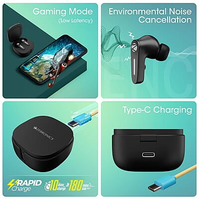 Zebronics Sound Bomb 7 Bluetooth TWS in Ear Earbuds with 40H Playtime, ENC Mic, Rapid Charge, Upto 50ms Gaming Mode, Flash Connect, Voice assistant, Smooth Touch Control, BT v5.2, Type C