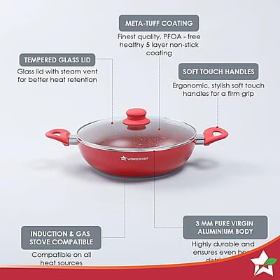 Wonderchef Royal Velvet 26 cm Non-Stick Kadhai with Lid 3 mm Thickness  3.2 litres
