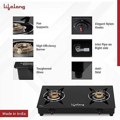 Lifelong 2 Burner Gas Stove Top for Kitchen - Automatic Ignition Cooktop Modern Glass Stove for Modular Kitchen, ISI Certified Lifelong 2 Burner Gas Stove Top for Kitchen - Automatic Ignition Cooktop Modern Glass Stove for Modular Kitchen, ISI Certified