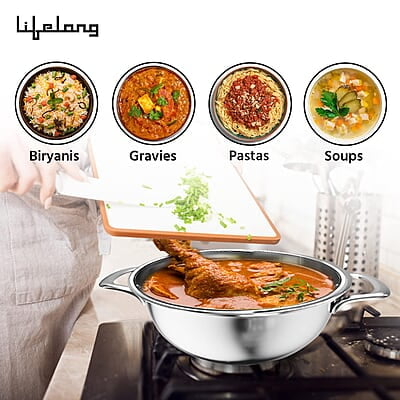 Lifelong LLTPDK004 Triply Deep Kadai with Riveted Handles with Stainless Steel Lid 2.1 litres Capacity 22 cm Lifelong LLTPDK004 Triply Deep Kadai with Riveted Handles with Stainless Steel Lid 2.1 litres Capacity 22 cm