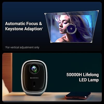 ZEBRONICS PIXAPLAY 53, Smart Vertical Projector, 3500 Lumens, 4K Support, 120 Inch Screen Size, Auto Focus, Auto Keystone, Bluetooth, HDMI, USB, WiFi, 1080p Support, APP Support, Miracast