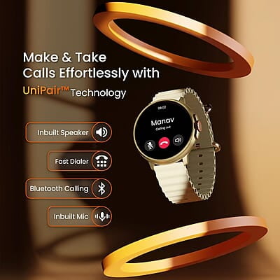 Ambrane 1.39'' LucidDisplay, Premium Aesthetics, Bluetooth Calling Round SmartWatch, Functional Crown, 500 NITS Brightness, 100+ Sports Mode with IP68, 100+ Watch Faces Rush