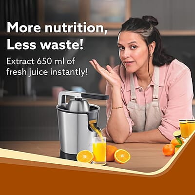 AGARO Regency Electric Citrus Juicer 350W, 650 ml, Pulp Regulator, AC Copper Motor, 2 Cones For All Citrus fruits, 2 filters, Anti Drip, Stainless Steel Body, Silver & Black AGARO Regency Electric Citrus Juicer 350W, 650 ml, Pulp Regulator, AC Copper Motor, 2 Cones For All Citrus fruits, 2 filters, Anti Drip, Stainless Steel Body, Silver & Black