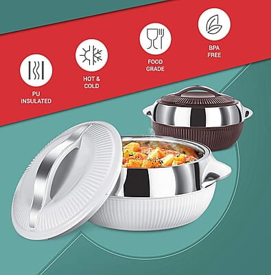 MILTON Fiesta Insulated Casserole (White, Set of 3, Inner Stainless Steel) MILTON Fiesta Insulated Casserole (White, Set of 3, Inner Stainless Steel)
