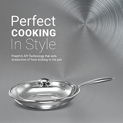 Preethi Metallica Collection Triply Stainless Steel Frypan with Glass Lid, 26 cm, Gas & Induction Preethi Metallica Collection Triply Stainless Steel Frypan with Glass Lid, 26 cm, Gas & Induction