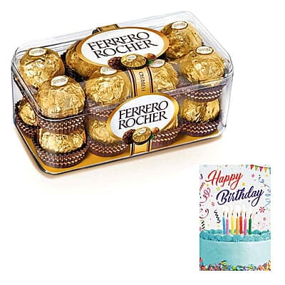Ferrero Rocher 16 Pieces Hazelnut Chocolate With Birthday Greeting Card 200 Gms