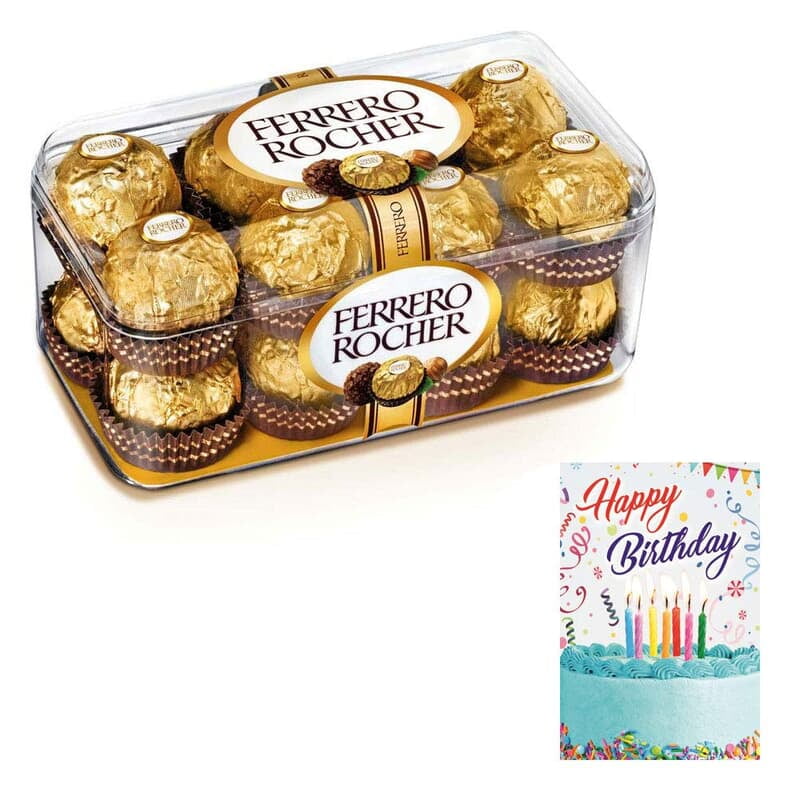 Ferrero Rocher 16 Pieces Hazelnut Chocolate With Birthday Greeting Card 200 Gms