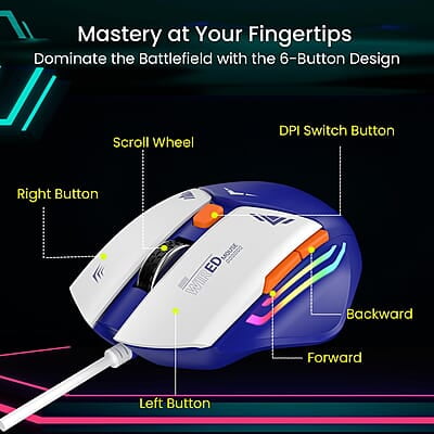 Portronics Vader Wired Gaming Mouse with 6 Buttons, Thumb Support, Adjustable DPI (6400 Max), RGB Light Effects, Ergonomic Design, 1.5 m Long USB Cable for Laptop & PC Portronics Vader Wired Gaming Mouse with 6 Buttons, Thumb Support, Adjustable DPI (6400 Max), RGB Light Effects, Ergonomic Design, 1.5 m Long USB Cable for Laptop & PC