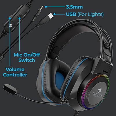 Zebronics Jet Premium Wired Gaming On Ear Headphone with LED Light for earcups, 40mm Neodymium Drivers, 2 Meter Braided Cable, Flexible mic, Suspension Headband, 3.5mm + USB Connector Zebronics Jet Premium Wired Gaming On Ear Headphone with LED Light for earcups, 40mm Neodymium Drivers, 2 Meter Braided Cable, Flexible mic, Suspension Headband, 3.5mm + USB Connector