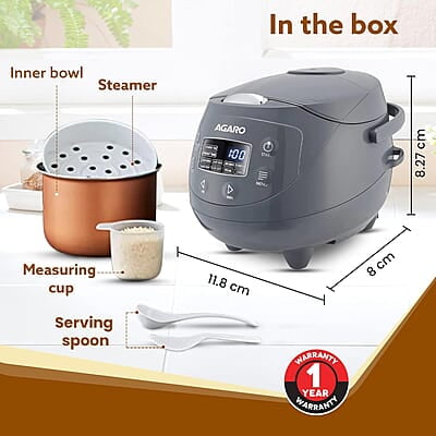 AGARO Imperial Electric Rice Cooker, 2L Ceramic Coated Inner Bowl, Steam Basket, 8 Preset Cooking Function with Advanced Fuzzy Logic 350W AGARO Imperial Electric Rice Cooker, 2L Ceramic Coated Inner Bowl, Steam Basket, 8 Preset Cooking Function with Advanced Fuzzy Logic 350W