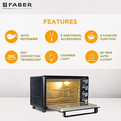 Faber 34 liter (DG) 1600 Watts OTG Bake, Toast, Roast, Grill 6 Functions, Upper & Lower Heating, Rotisserie, 360 Convection