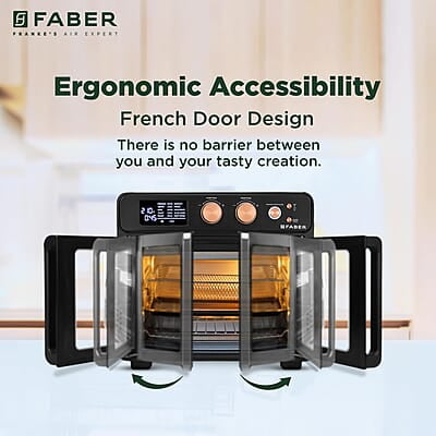 Faber Air Fryer Oven 25L, Digital Control, Bake Tray, SS Wire Tray & Basket, Crumb Tray, Rotisserie Kit Faber Air Fryer Oven 25L, Digital Control, Bake Tray, SS Wire Tray & Basket, Crumb Tray, Rotisserie Kit