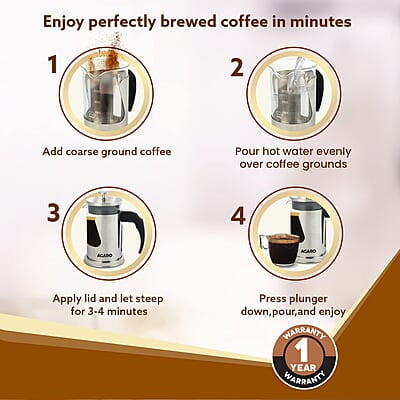 AGARO Crystal French Press Coffee Maker, 600 ML, 4 Level Filtration System, 304 Grade Stainless Steel