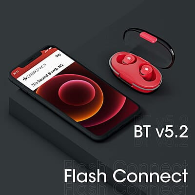 Zebronics Zeb-Sound Bomb N2 TWS Wireless in Ear Earbuds with 50ms Low Latency Gaming, ENC, Voice Assistant, Flash Connect, Splash Proof, BT v5.2, up to 12H Backup, Call Function and Type C
