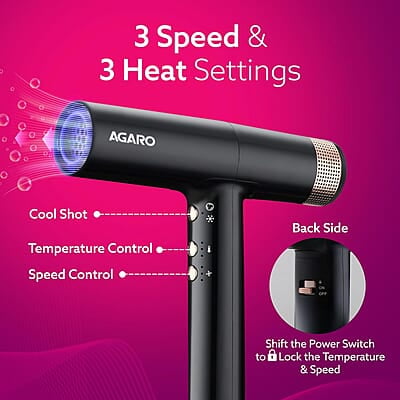 AGARO Bldc Professional Hair Dryer 2000 Watts,110000 Rpm,Fast Drying,3 Speed 3 Temperature Settings AGARO Bldc Professional Hair Dryer 2000 Watts,110000 Rpm,Fast Drying,3 Speed 3 Temperature Settings
