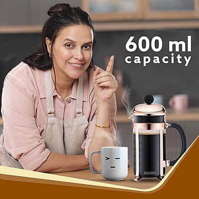 AGARO Royal French Press Coffee And Tea Maker, Borosilicate Glass Body With Sleeves, Glass Carafe, BPA Free Plastic Lid Strainer, 600Ml AGARO Royal French Press Coffee And Tea Maker, Borosilicate Glass Body With Sleeves, Glass Carafe, BPA Free Plastic Lid Strainer, 600Ml