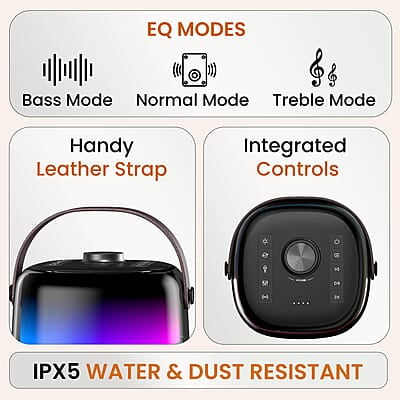 Portronics Dash 4 50W Wireless Bluetooth Party Speaker with Karaoke Mic, Upto 6 Hours Playtime, HD Sound, Bass Boost Technology, EQ Modes, 360° RGB Lights, BT 5.3v, AUX in Portronics Dash 4 50W Wireless Bluetooth Party Speaker with Karaoke Mic, Upto 6 Hours Playtime, HD Sound, Bass Boost Technology, EQ Modes, 360° RGB Lights, BT 5.3v, AUX in