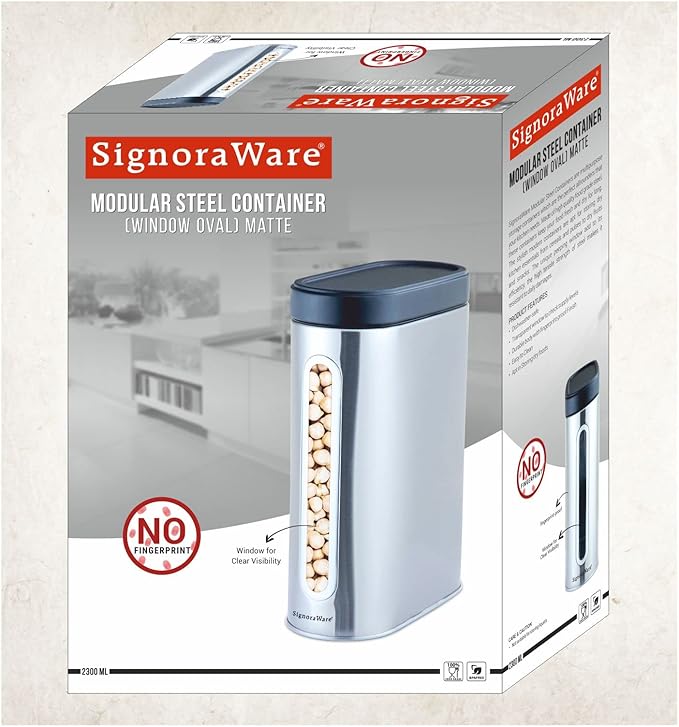 "Signora Ware Modular Steel Container ( Window Oval Matte ) 2300 ML "Signora Ware Modular Steel Container ( Window Oval Matte ) 2300 ML