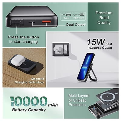 Ambrane 10000mAh Magnetic Wireless Power Bank with Stand, 15W Wireless Fast Charging, Compact 22.5W PD Wired Charger, Compatible with iPhone 12/13/14/15 & Other Wireless Devices Ambrane 10000mAh Magnetic Wireless Power Bank with Stand, 15W Wireless Fast Charging, Compact 22.5W PD Wired Charger, Compatible with iPhone 12/13/14/15 & Other Wireless Devices