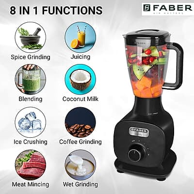 Faber Candy 1000W 8-in-1 Mixer Grinder,3 SS+1 PC jar,lockable lids dual fan technology,upto 23000 rpm Faber Candy 1000W 8-in-1 Mixer Grinder,3 SS+1 PC jar,lockable lids dual fan technology,upto 23000 rpm